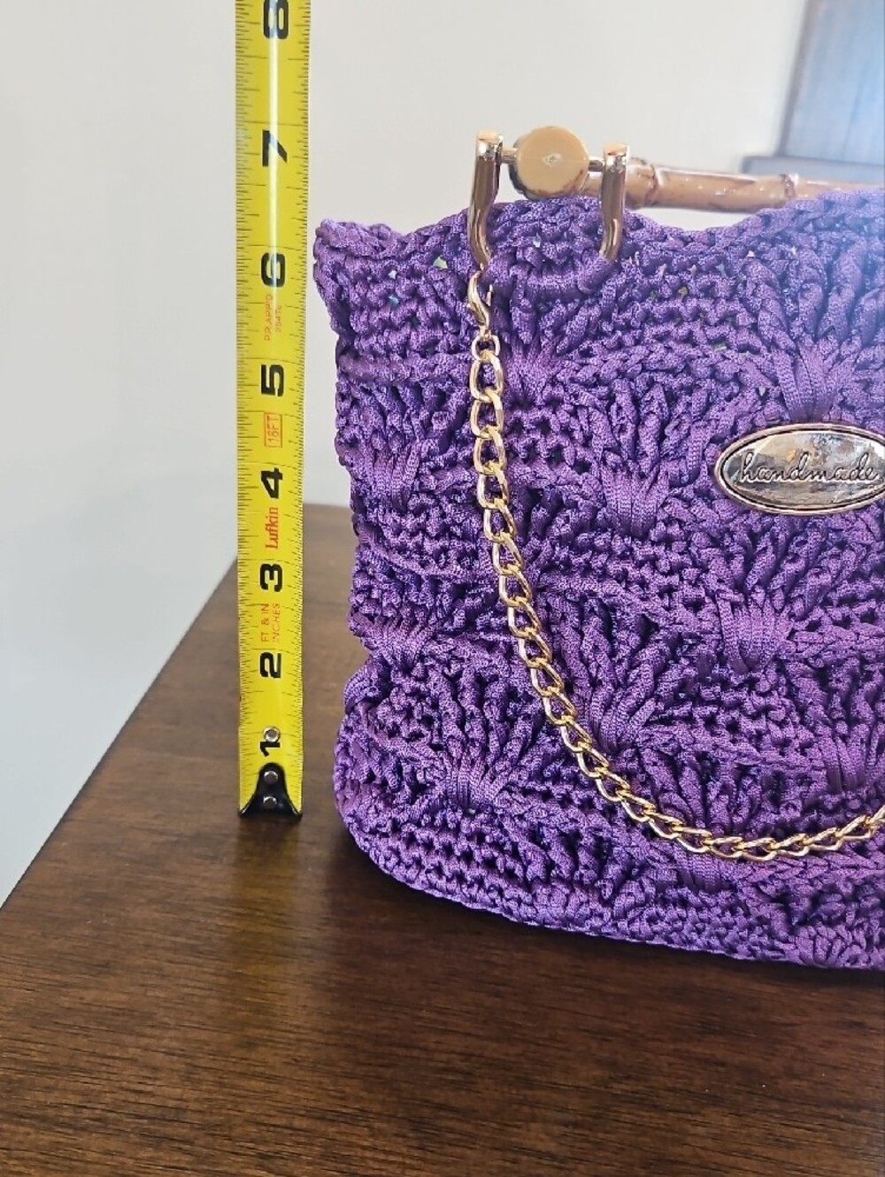 Hand Crocheted Purple Hand Bag with Bamboo Handles - Picture 3 of 4